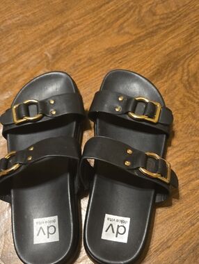 Dolce Vita Black Sandal Slides with Gold Buckles